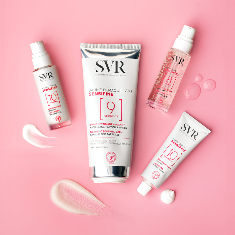 SVR Sensifine skincare collection featuring a cleansing balm, gel, and creams on a pink background with product swatches.