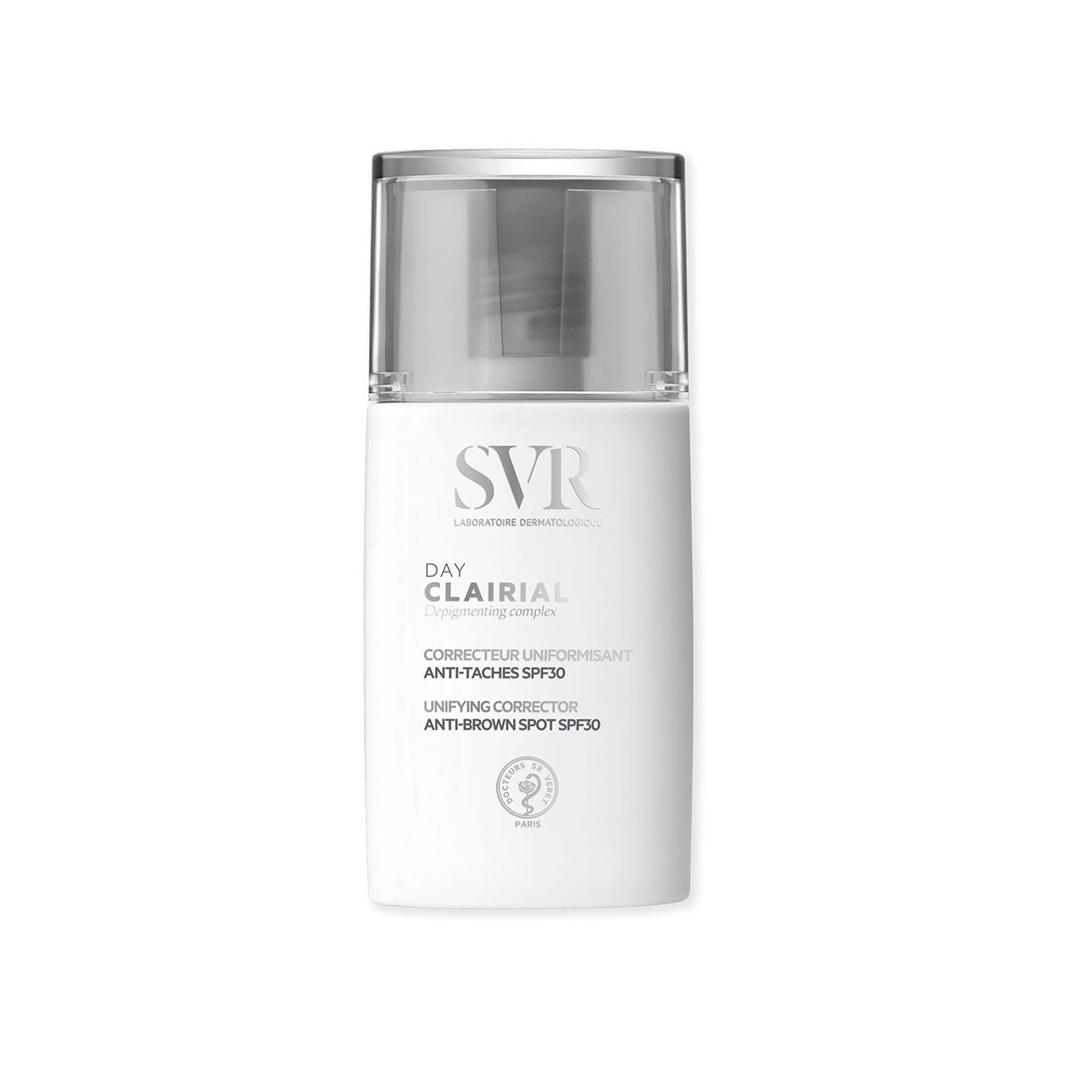 Flacon alb SVR Clairial Day cu capac transparent, cremă corectoare anti-pete cu SPF30 pentru față, gât și decolteu.