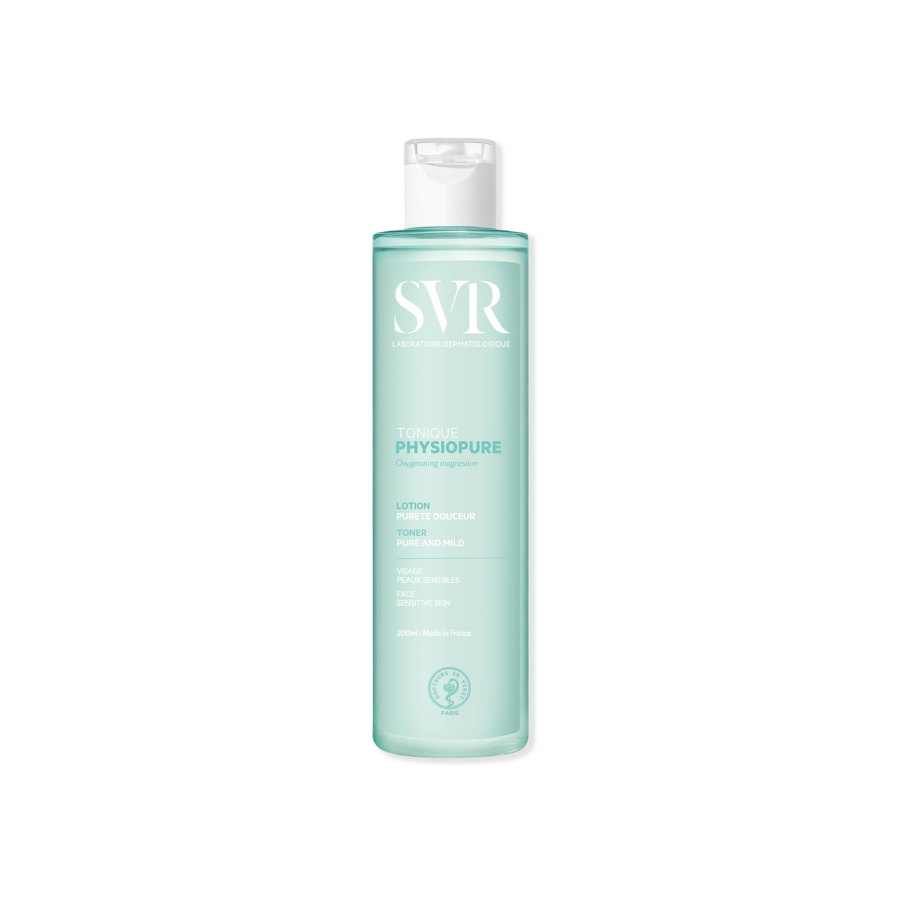 Flacon transparent de 200 ml cu loțiune tonică SVR PHYSIOPURE de culoare bleu deschis și capac alb.