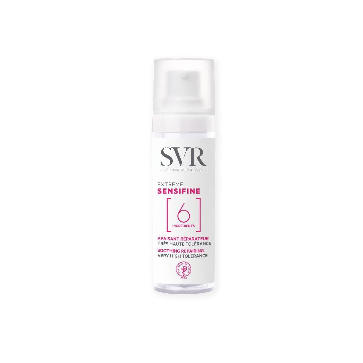 SVR Sensifine Extrême soothing repairing cream in a white pump bottle with a clear cap and minimalist pink text.
