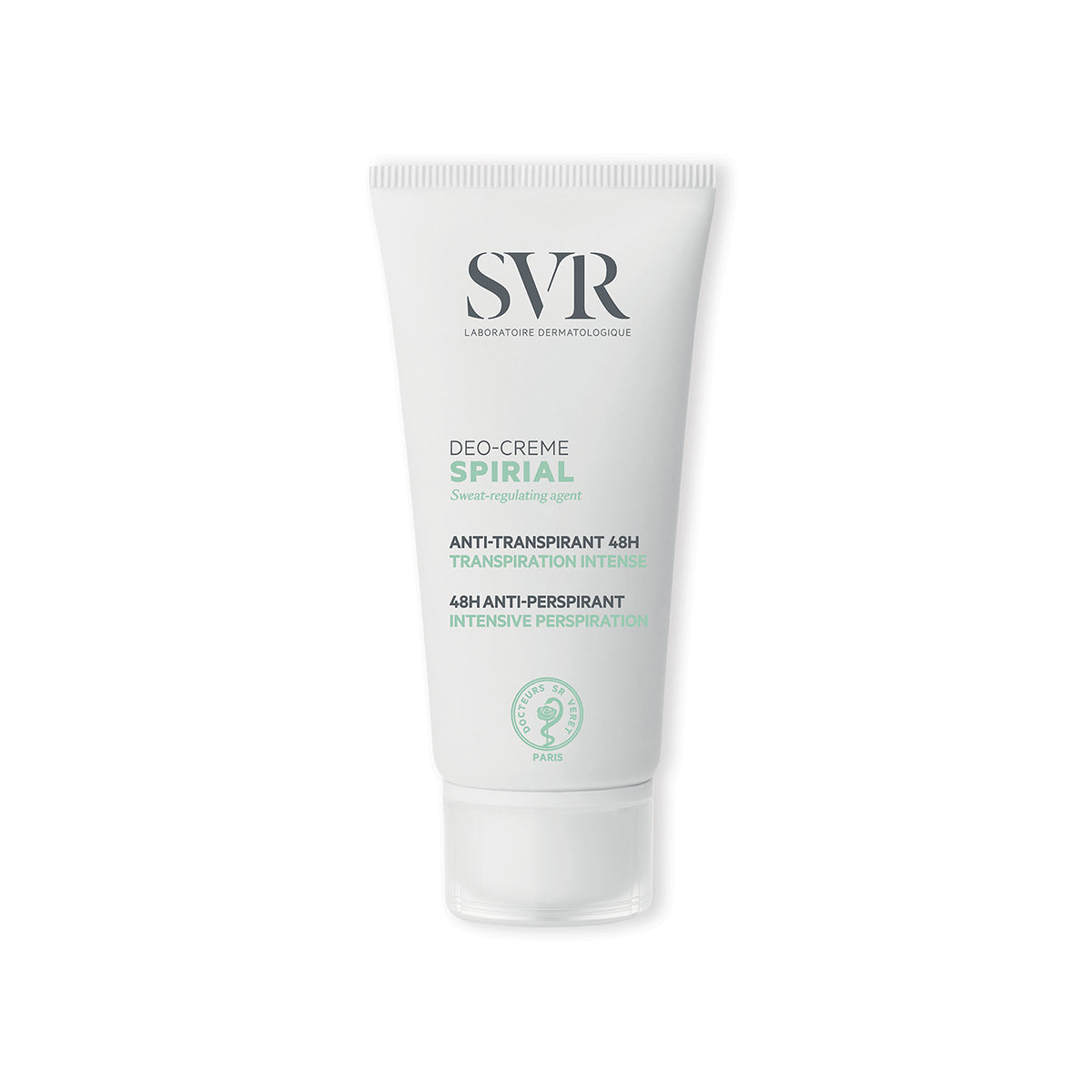 Tub alb de cremă antiperspirantă SVR Spirial cu capac transparent, design minimalist și text verde pe fundal alb.