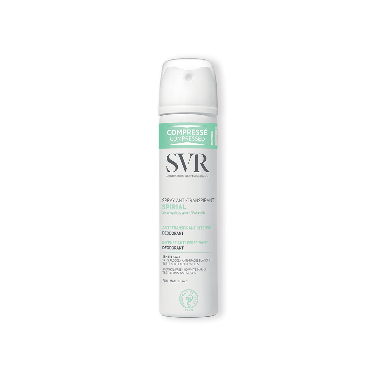 Spray antiperspirant SVR Spirial comprimat, flacon alb cu detalii verzi, 75ml, pentru piele sensibilă și transpirație intensă.