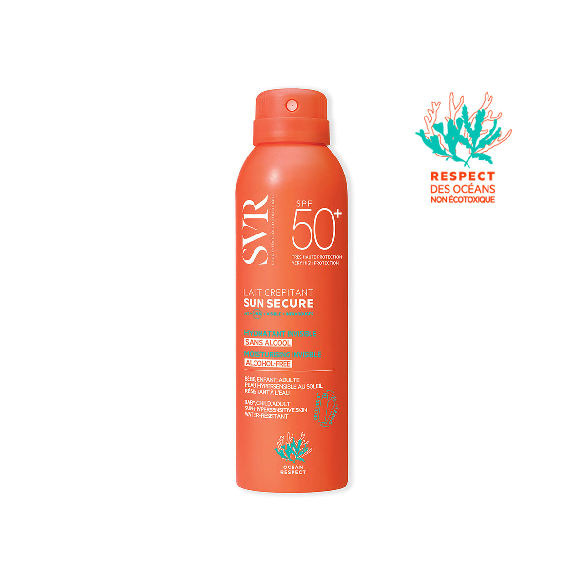 Spray solar SVR Sun Secure Lait Crépitant SPF50+ într-un recipient portocaliu cu pulverizator, pentru față și corp.