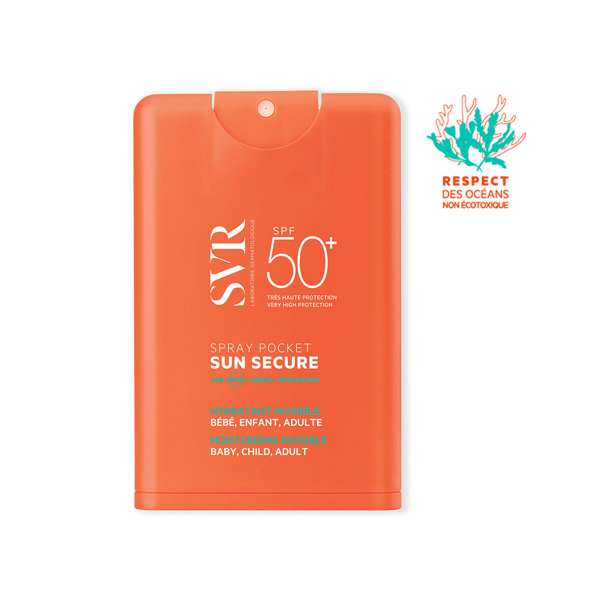 Spray solar portabil SVR Sun Secure SPF50+ într-un recipient plat, portocaliu, cu pulverizator și logo ecologic.