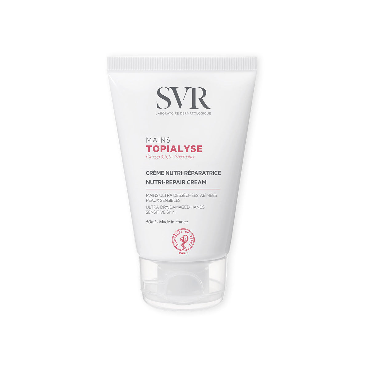 Tub alb de cremă SVR Topialyse Mains de 50 ml pentru mâini uscate, cu capac transparent și text informativ negru și roz.