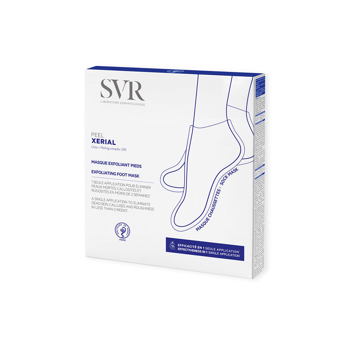 Cutie albă SVR XERIAL Peel cu design minimalist albastru, prezentând masca exfoliantă pentru picioare sub formă de șosete.