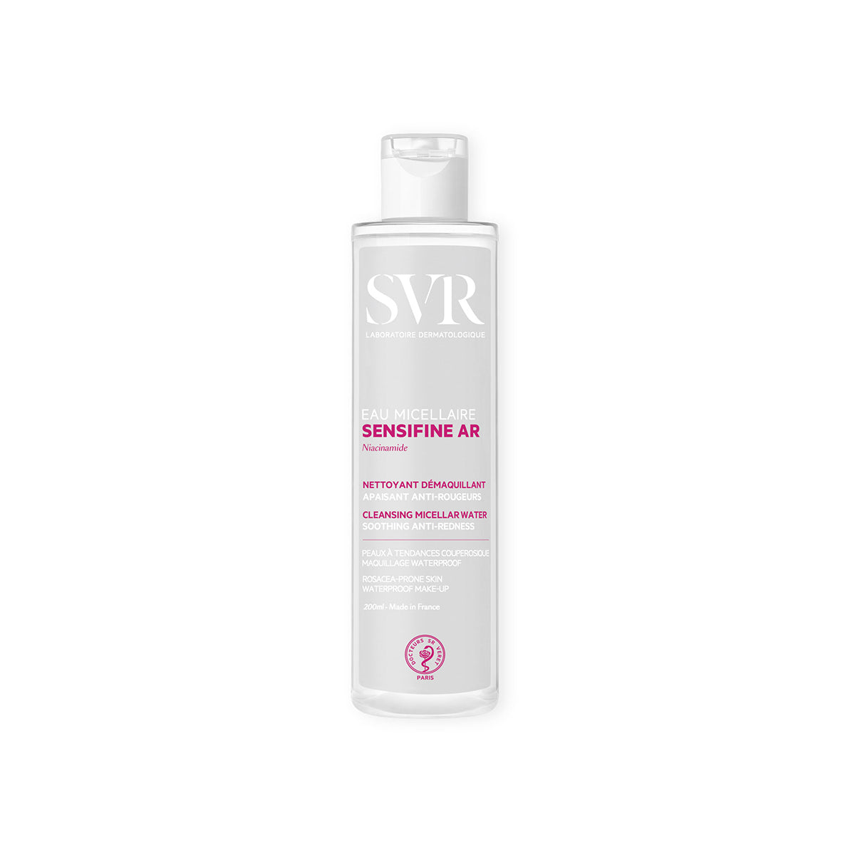 Flacon transparent de 200ml SVR Sensifine AR, apă micelară calmantă pentru piele cu roșeață, cu capac cu clapetă alb.