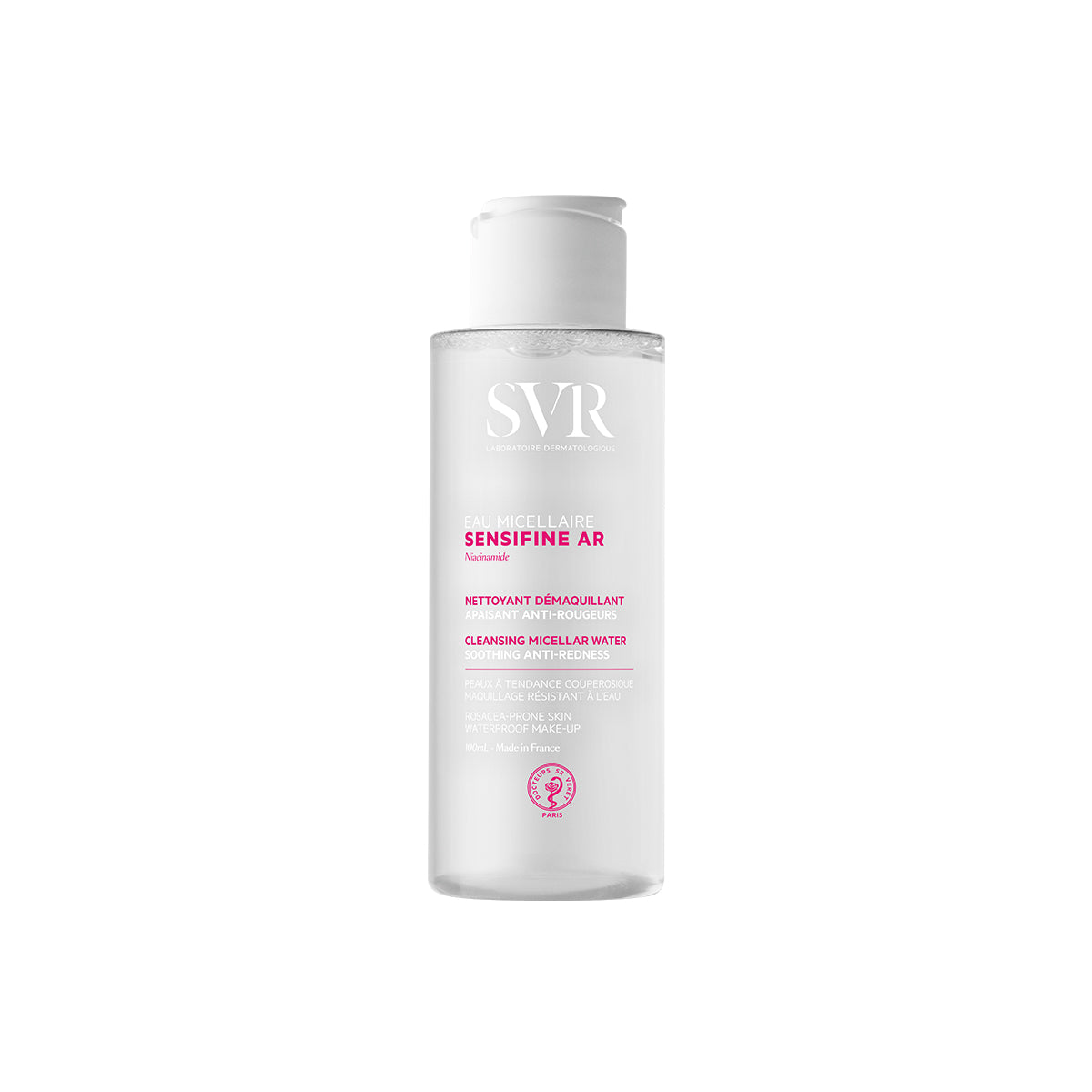Apă micelară SVR Sensifine AR într-un flacon transparent de 100 ml cu capac alb, pentru piele cu roșeață și cuperoză.