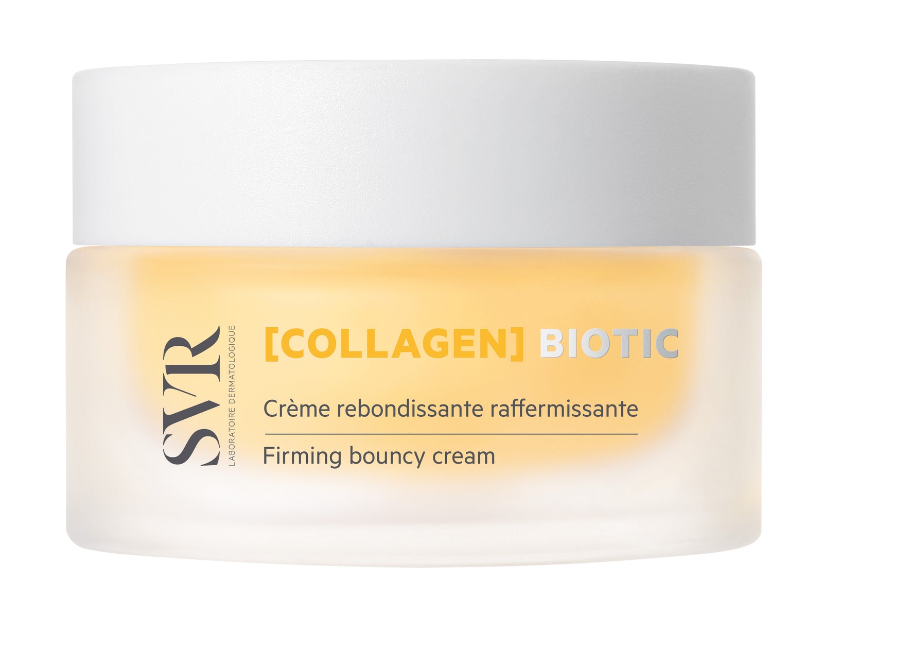Recipient de sticlă mată SVR [COLLAGEN] Biotic cu cremă fermizantă, capac alb și text portocaliu pe fundal alb.