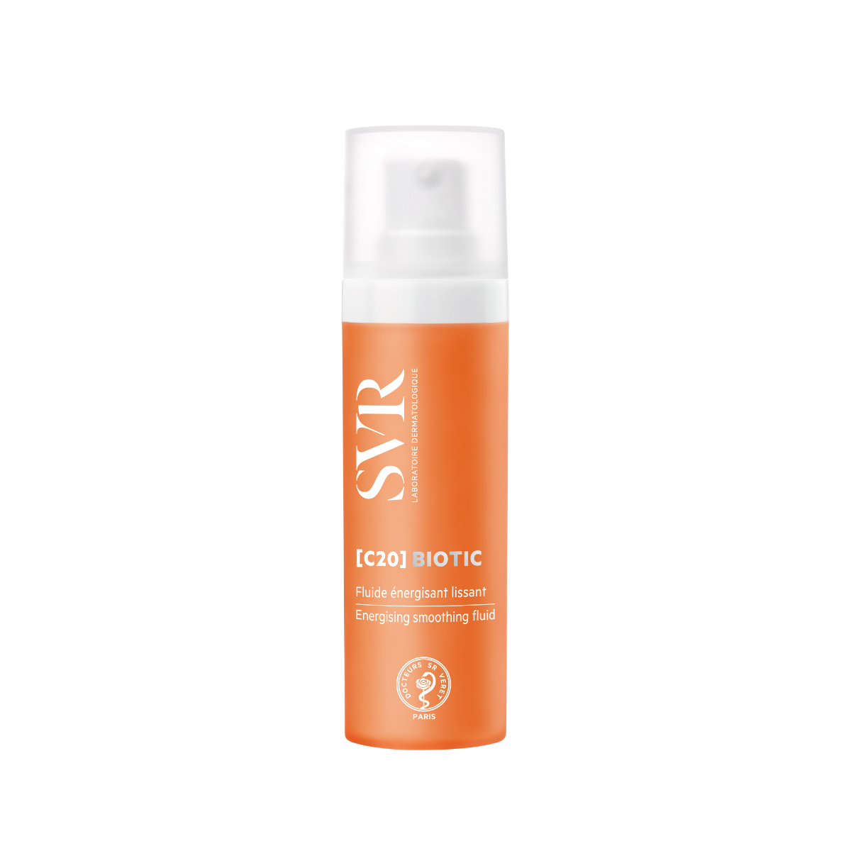 SVR Fluide [C20] BIOTIC energizing smoothing fluid in a matte orange pump bottle with a translucent cap.