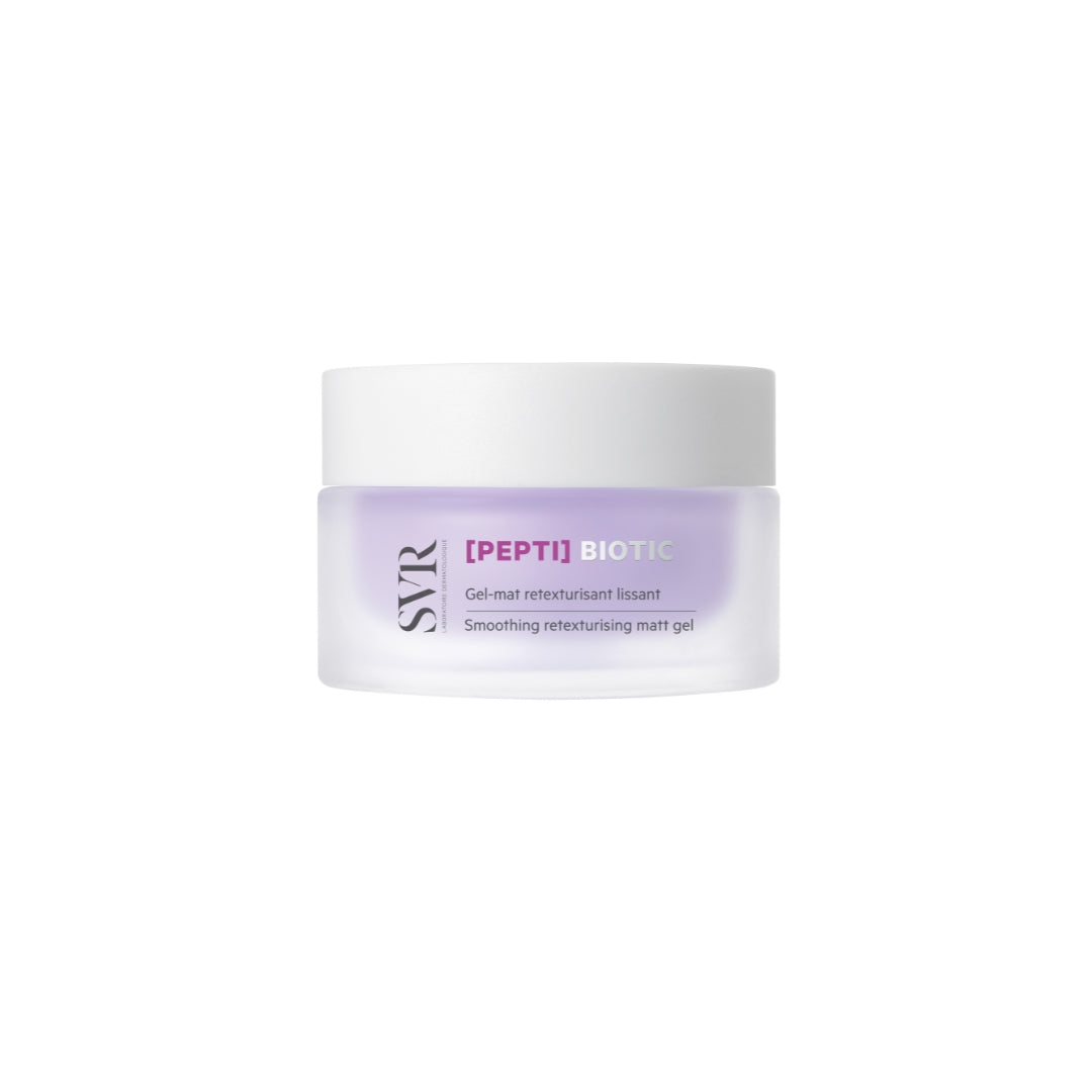 Recipient de sticlă mată mov SVR [PEPTI] Biotic cu capac alb, gel regenerant pentru netezirea și matifierea pielii.