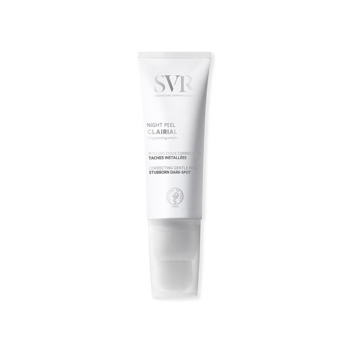 Tub alb SVR Clairial Night Peel cu aplicator tip pensulă pentru tratarea petelor pigmentare, pe fundal alb.