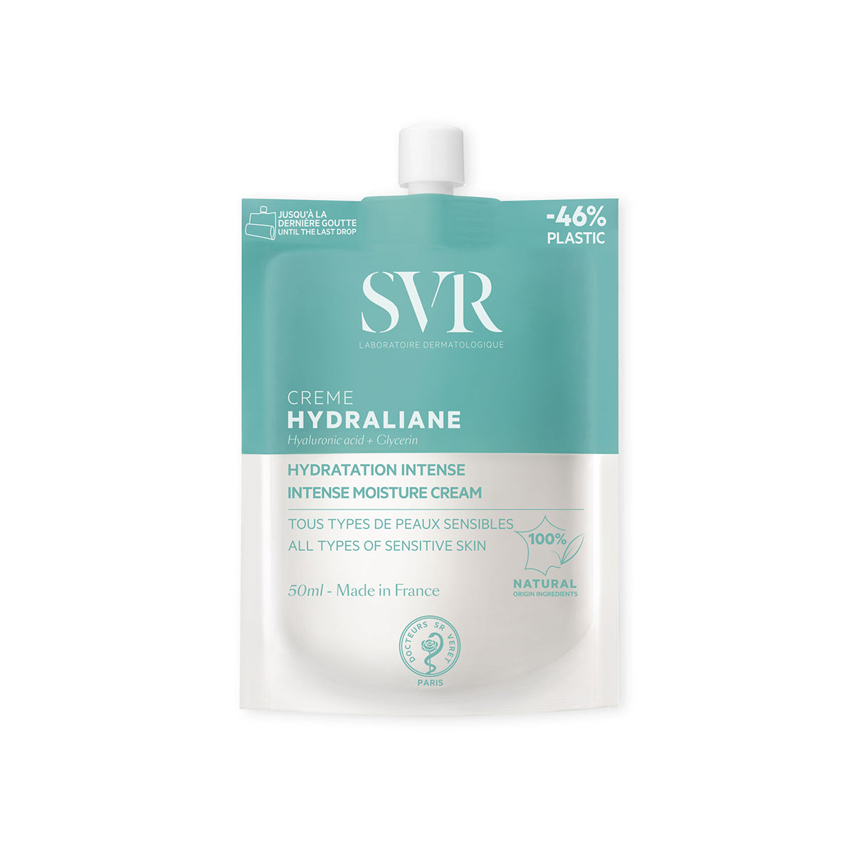 Pungă eco-friendly SVR Hydraliane Crème 50ml, cremă hidratantă pentru piele sensibilă, ambalaj alb-turcoaz sustenabil.
