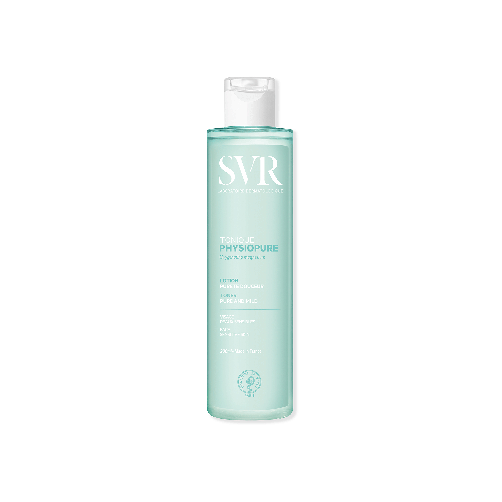 Flacon transparent de 200 ml cu loțiune tonică SVR PHYSIOPURE de culoare bleu deschis și capac alb.