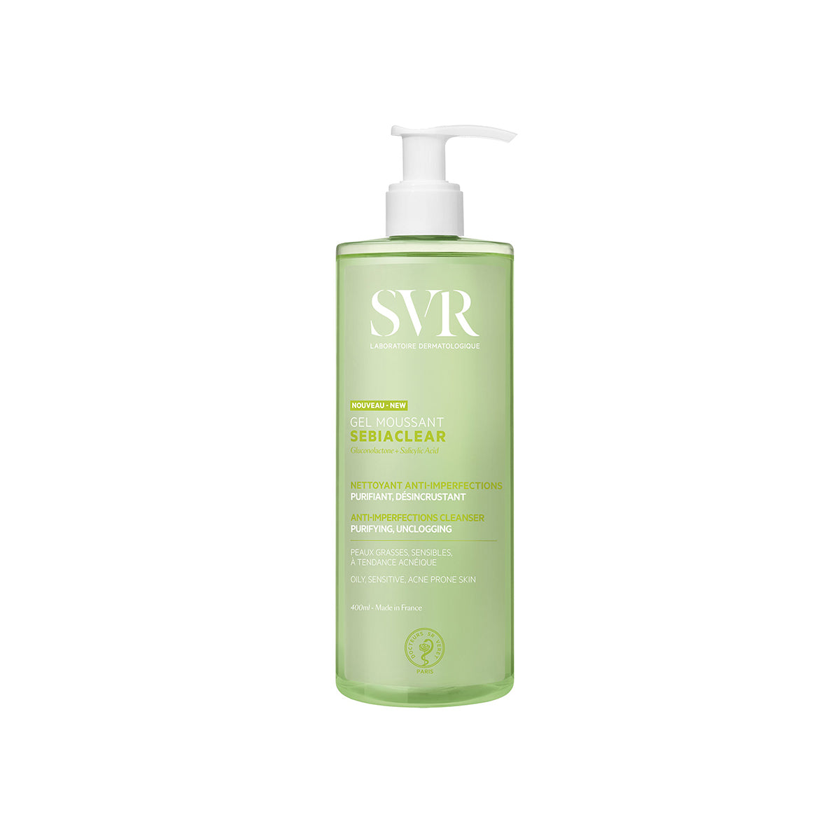 Flacon de 400ml SVR Sebiaclear Gel Moussant cu pompiță, gel de curățare verde transparent pentru piele grasă și acneică.