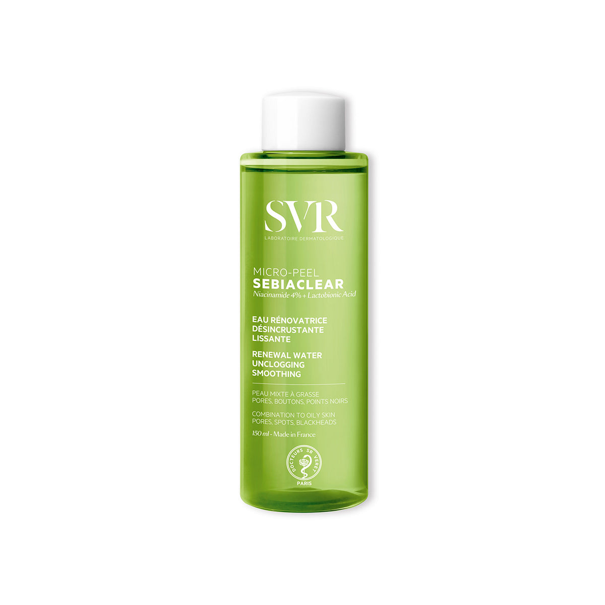 Flacon transparent de 150 ml cu loțiune verde SVR Sebiaclear Micro-Peel pentru ten mixt și gras, cu capac alb.