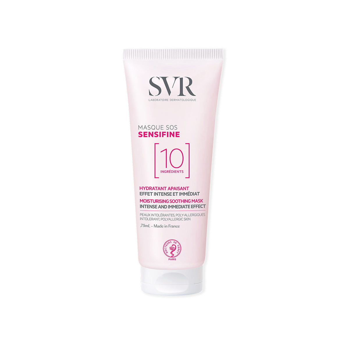 SVR Sensifine Masque SOS 75ml tube in pale pink with white cap, featuring minimalist branding and soothing mask text.