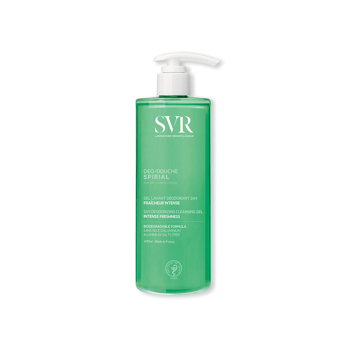 Recipient transparent de 400ml cu gel de duș verde SVR Spirial Déo-Douche și pompiță dozatoare albă.
