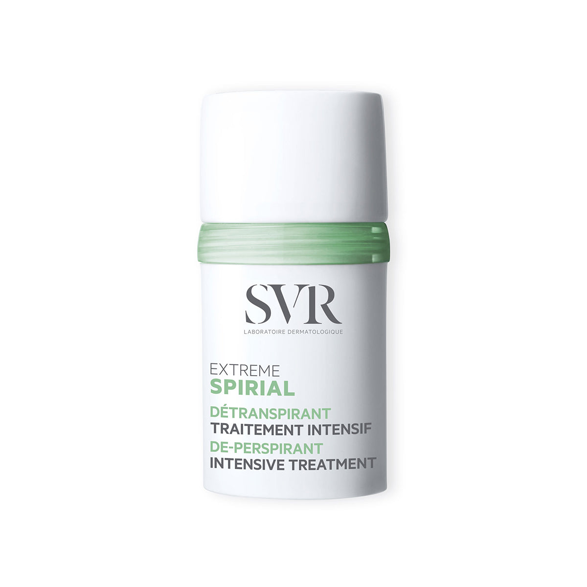 Antiperspirant roll-on SVR Spirial Extrême într-un recipient alb cilindric cu detalii verzi și text informativ.