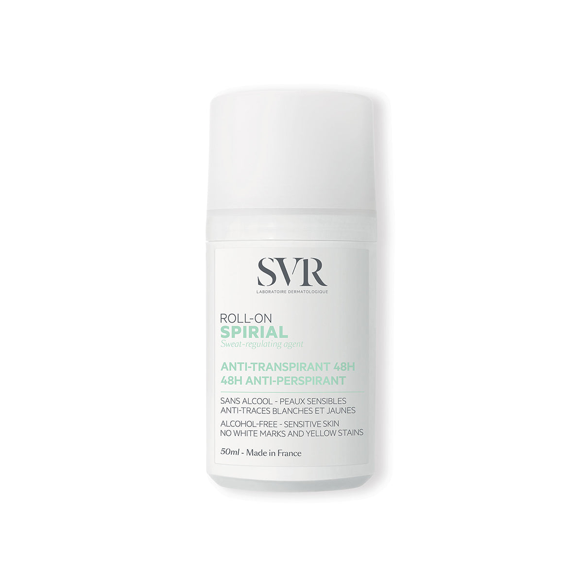 Antiperspirant roll-on SVR Spirial de 50ml cu ambalaj alb minimalist și text informativ pe etichetă.