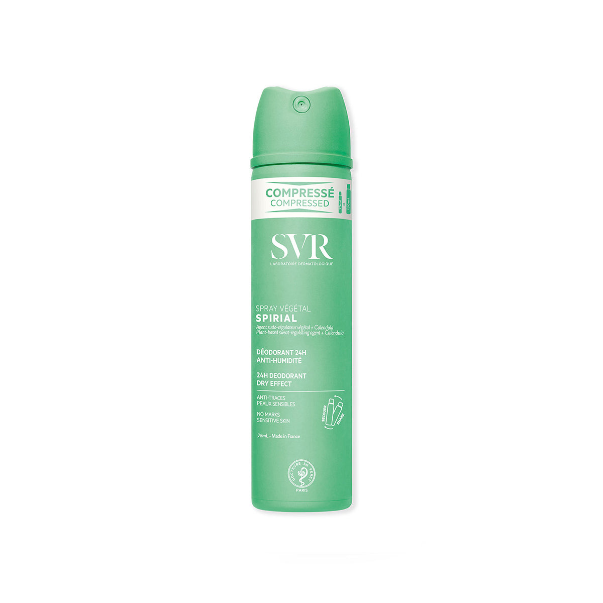 Spray deodorant SVR Spirial Végétal comprimat, ambalaj verde de 75 ml, formulă fără săruri de aluminiu pentru piele sensibilă.