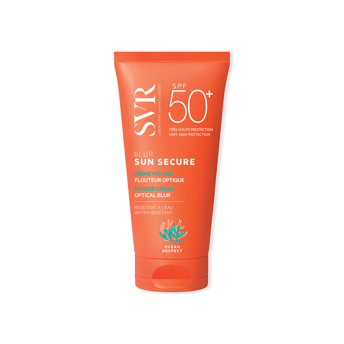 SVR SUN SECURE Blur SPF50+ mousse cream in an orange squeeze tube with white text and a teal coral icon.