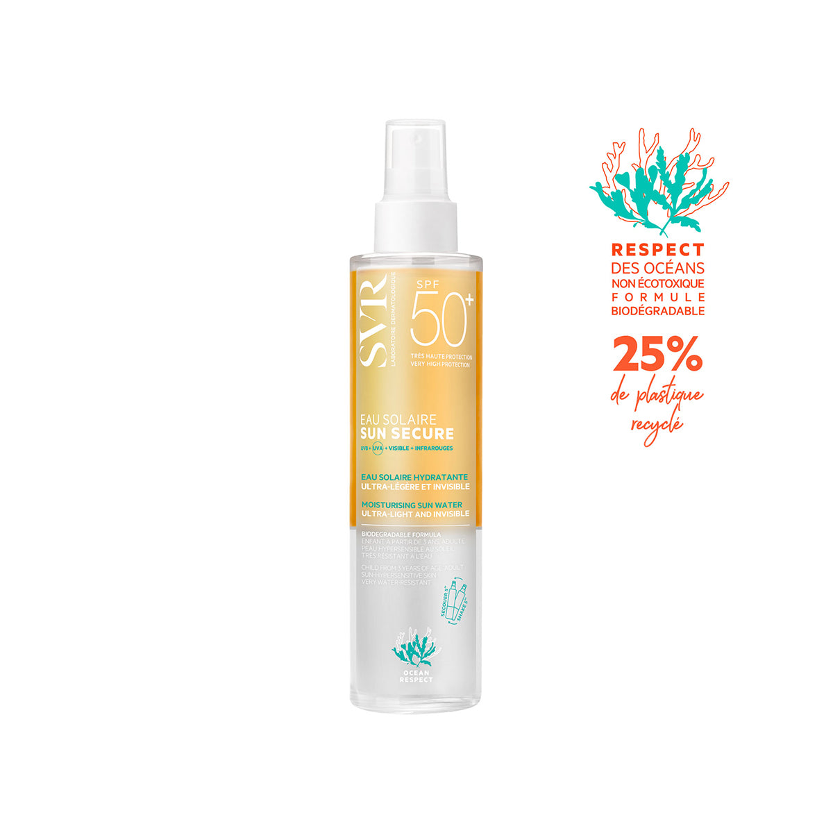 Spray SVR Sun Secure Eau Solaire SPF50+ într-un recipient transparent cu lichid bifazic galben și etichetă informativă.