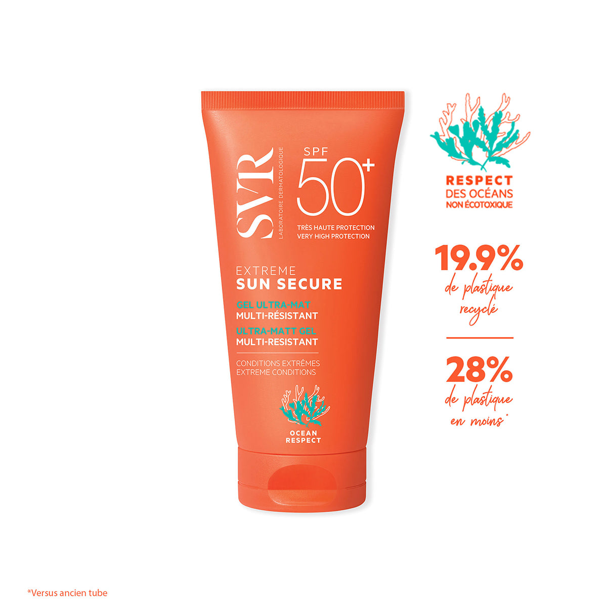 Tub portocaliu de cremă solară SVR Sun Secure SPF50+ cu text alb și logo Ocean Respect, prezentat pe fundal alb.