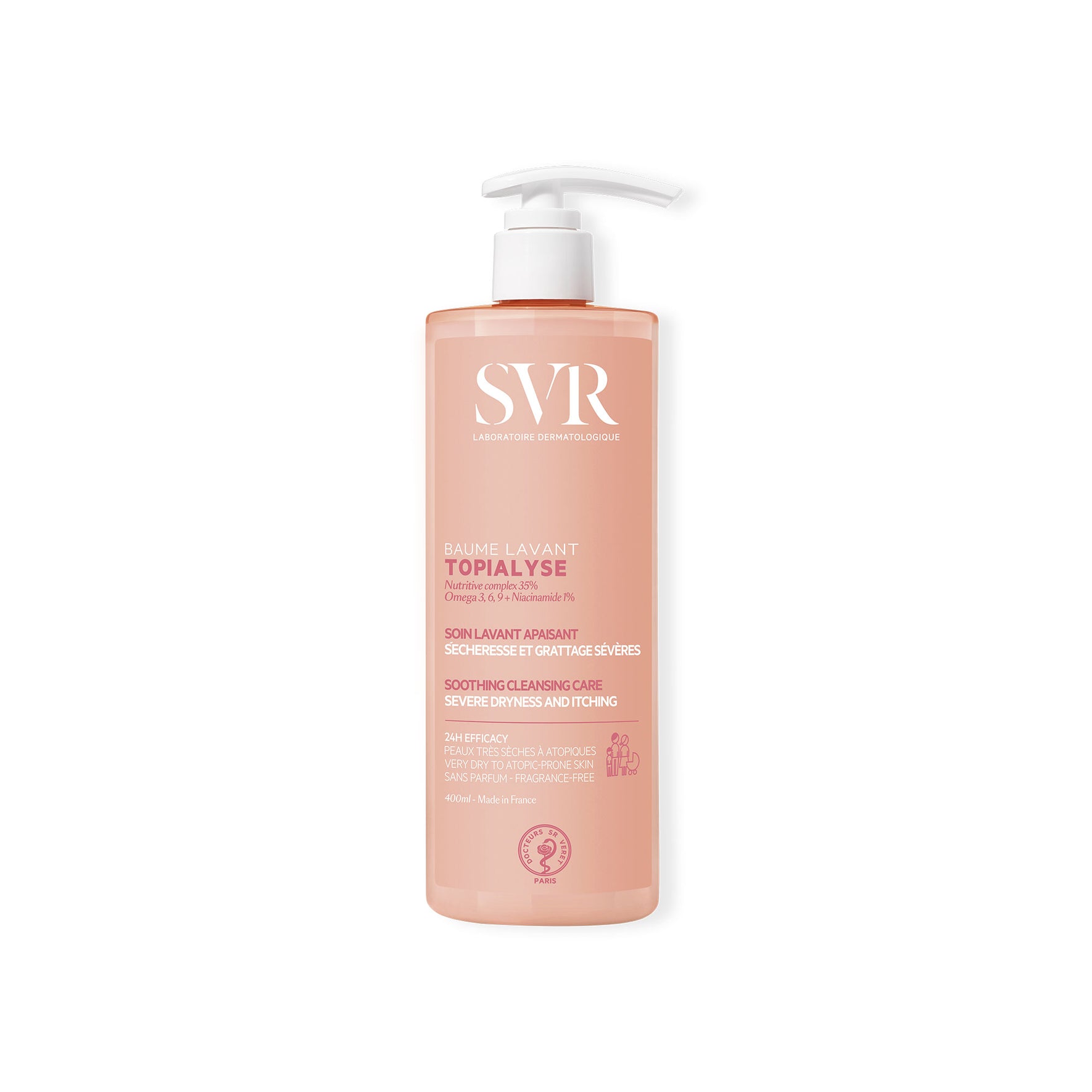 Recipient de 400ml SVR Topialyse Baume Lavant cu pompiță albă, balsam de curățare pentru piele uscată, nuanță roz pal.