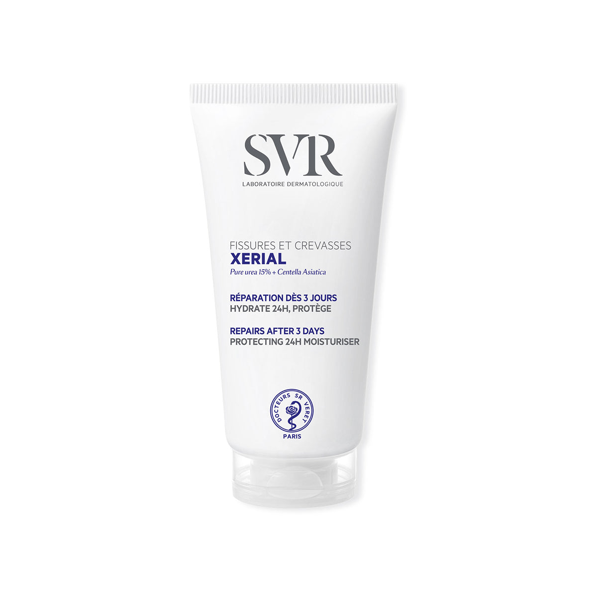 Tub alb de cremă reparatoare SVR Xerial Fissures & Crevasses cu capac transparent, text albastru și logo farmaceutic.