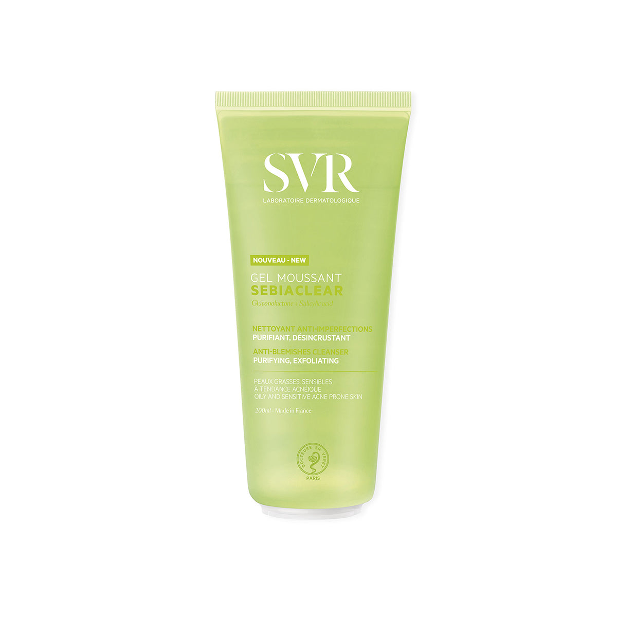 Tub de 200ml SVR Sebiaclear Gel Moussant, gel de curățare purifiant verde pentru piele grasă și sensibilă cu tendință acneică.