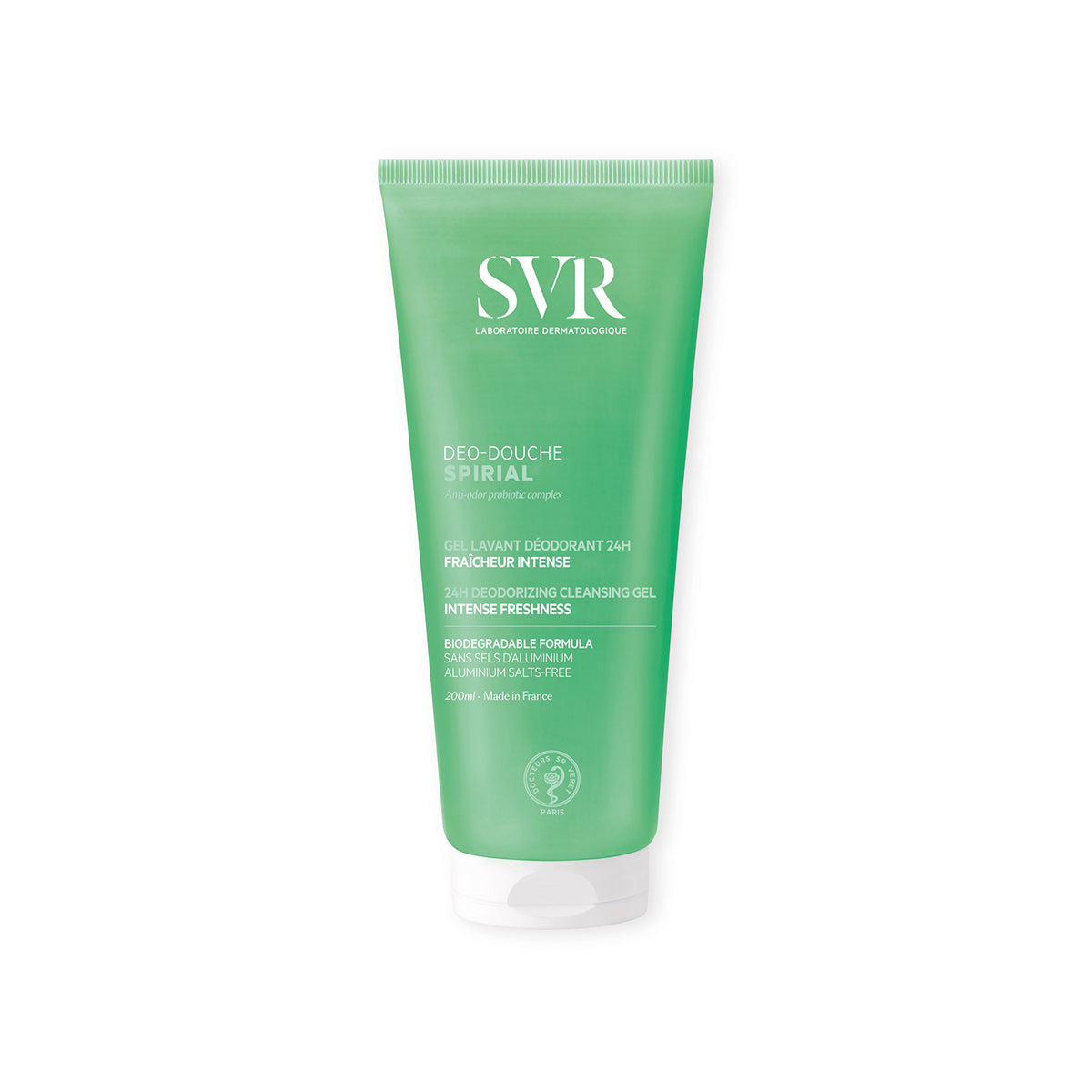 Tub verde de 200 ml SVR Spirial Déo-Douche, gel de curățare deodorant cu formulă probiotică și capac alb.