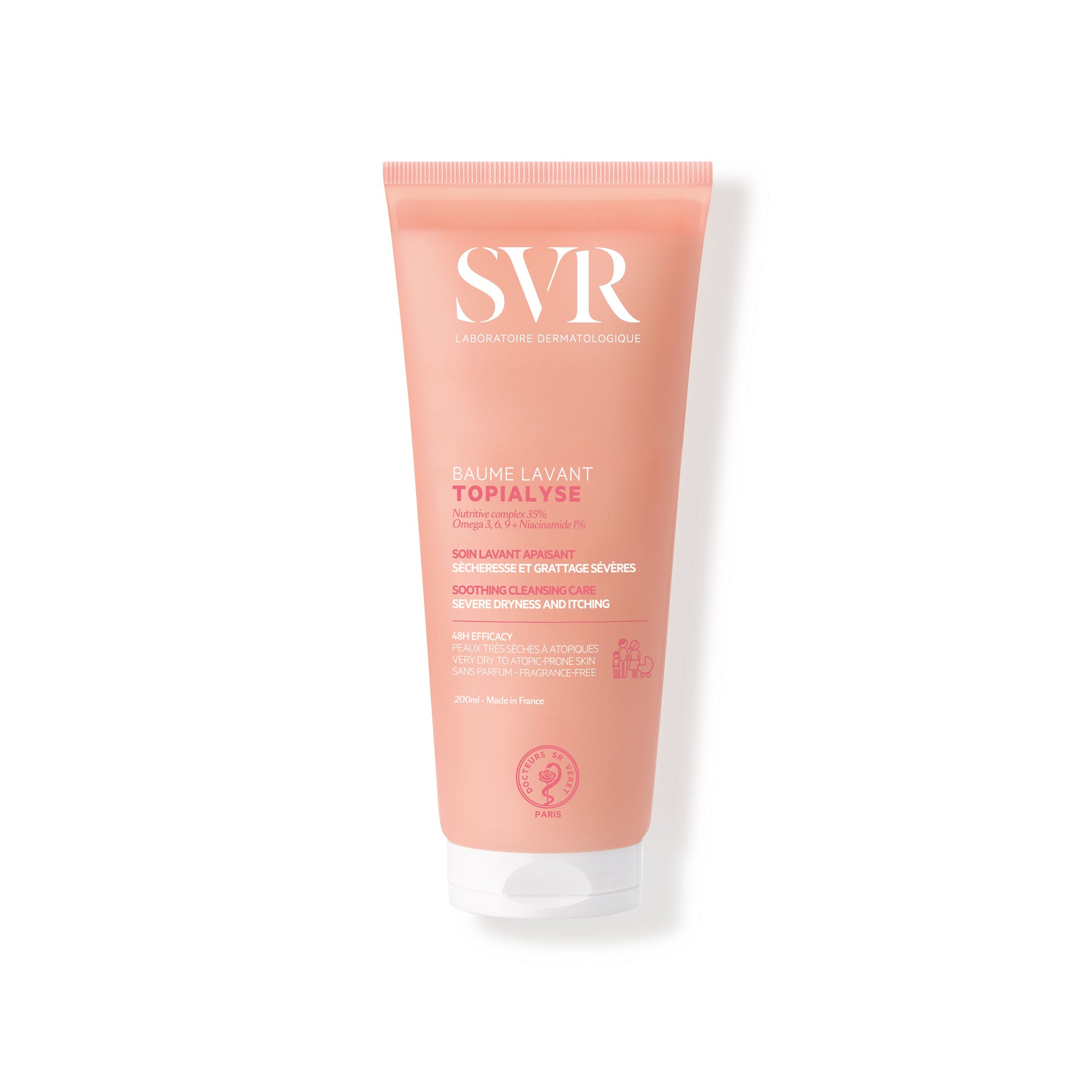 Tub de 200 ml SVR Topialyse Baume Lavant, balsam de curățare roz pentru piele uscată, cu capac alb și text alb.