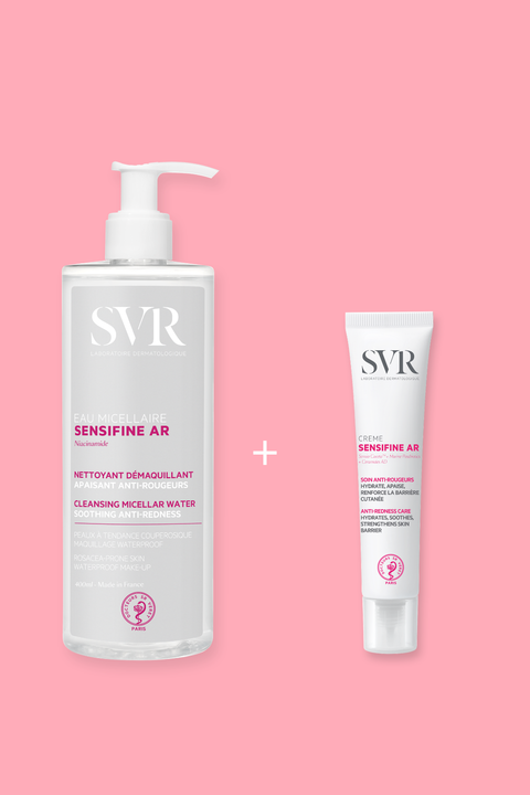 SVR Sensifine AR anti-redness micellar water and soothing cream set on a pink background.